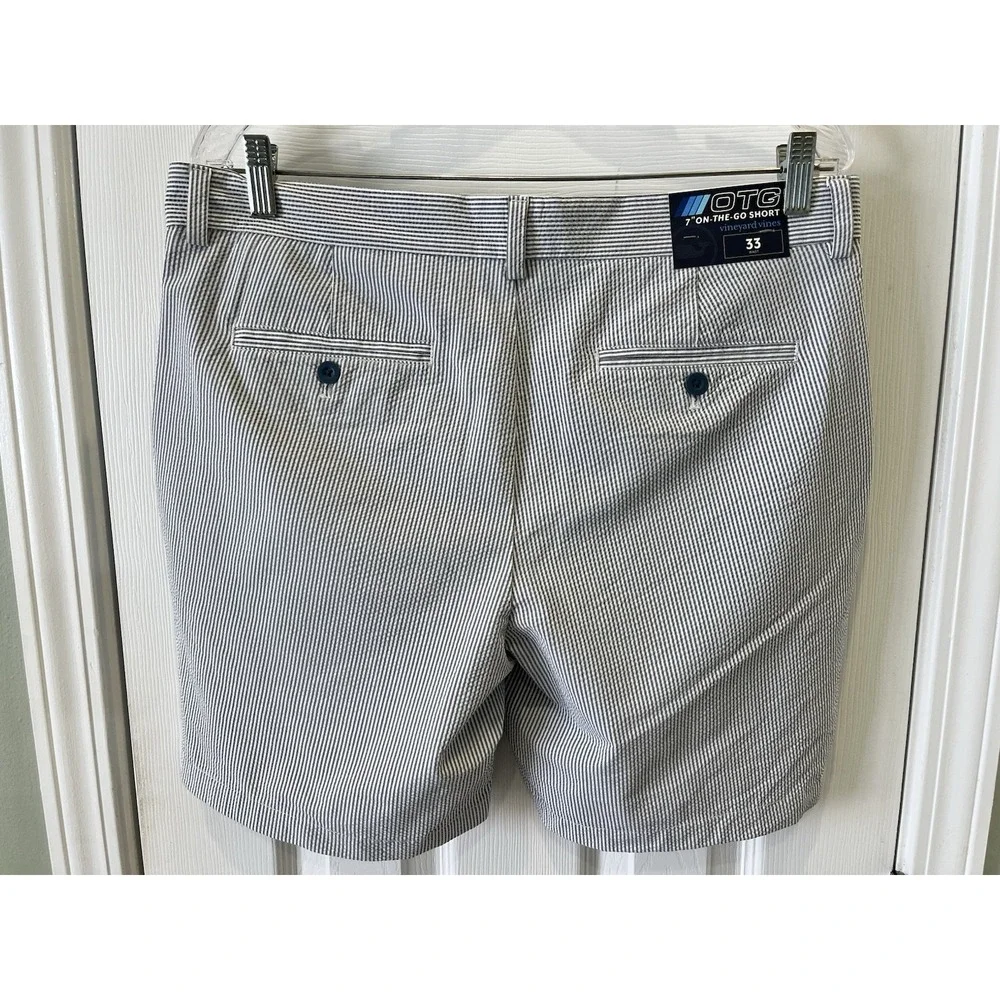 Vineyard Vines On-The-Go Seersucker Shorts Men 33 OTG Performance Navy White NWT